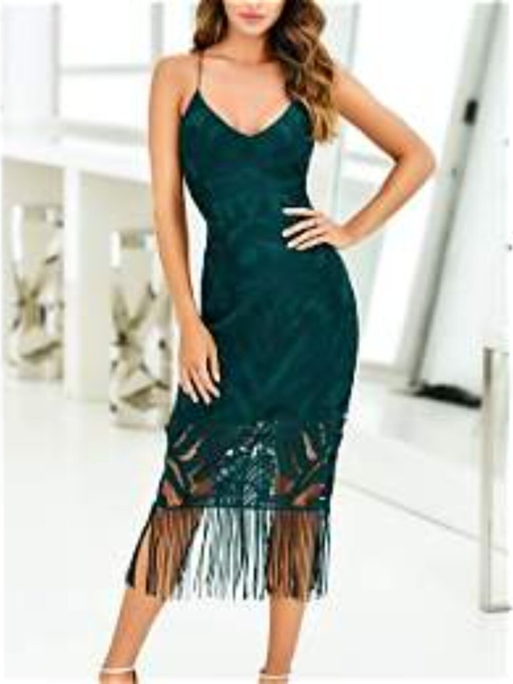 Sleeveless Green Slip Dress with Lace Hem